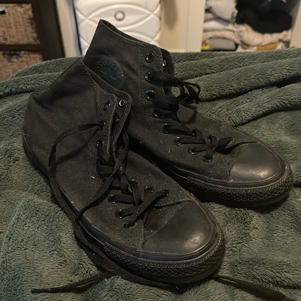 All black, high top, converse, size 9 men’s, size 11 womens